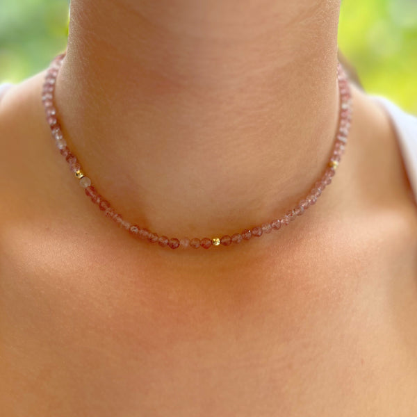 Gemstone Choker Necklace - Strawberry Quartz - Pink Moon Jewelry 