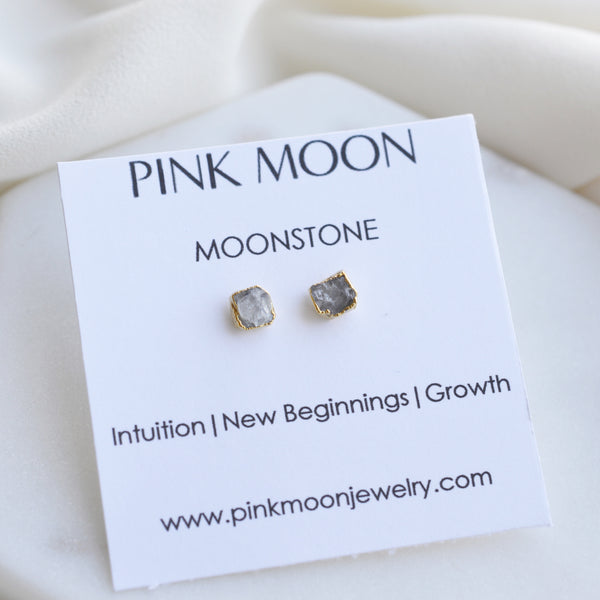 Raw Moonstone Stud Earrings - Pink Moon Jewelry 