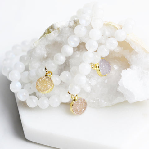 Moonstone With Druzy Charm Bracelet - Pink Moon Jewelry 