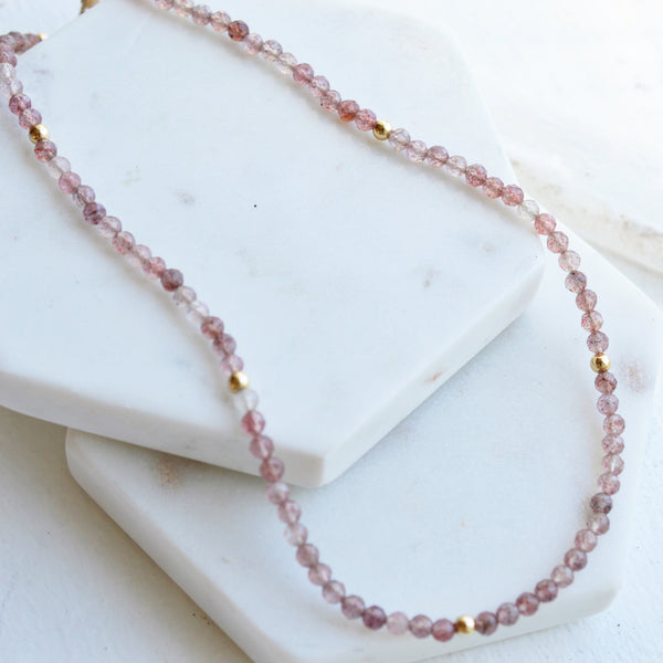 Gemstone Choker Necklace - Strawberry Quartz - Pink Moon Jewelry 