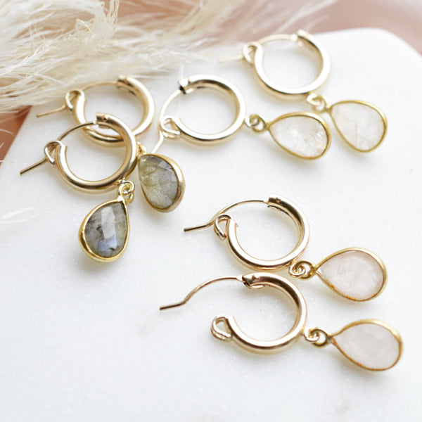 Rose Quartz Huggie Hoop Earrings - Gold - Pink Moon Jewelry 