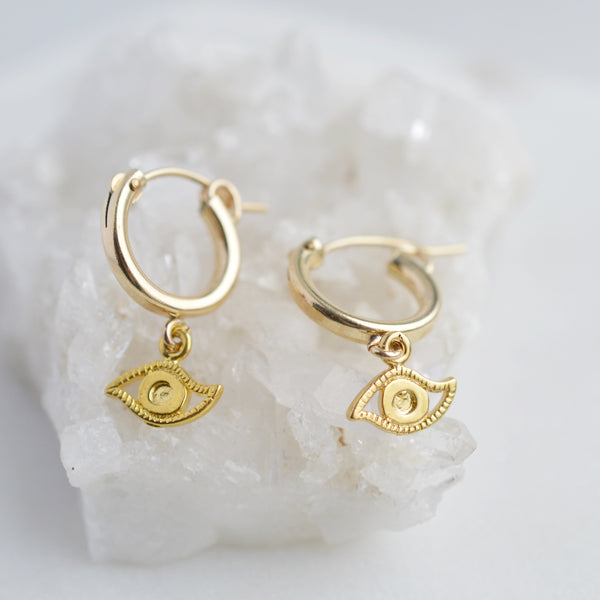 Evil Eye Gold Huggie Earrings - Pink Moon Jewelry 