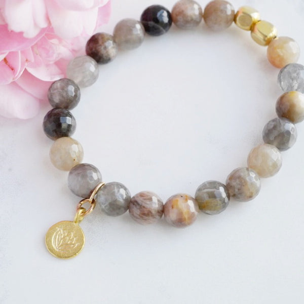 Chocolate Moonstone Stretch Bracelet with Gold Lotus Charm - Pink Moon Jewelry 