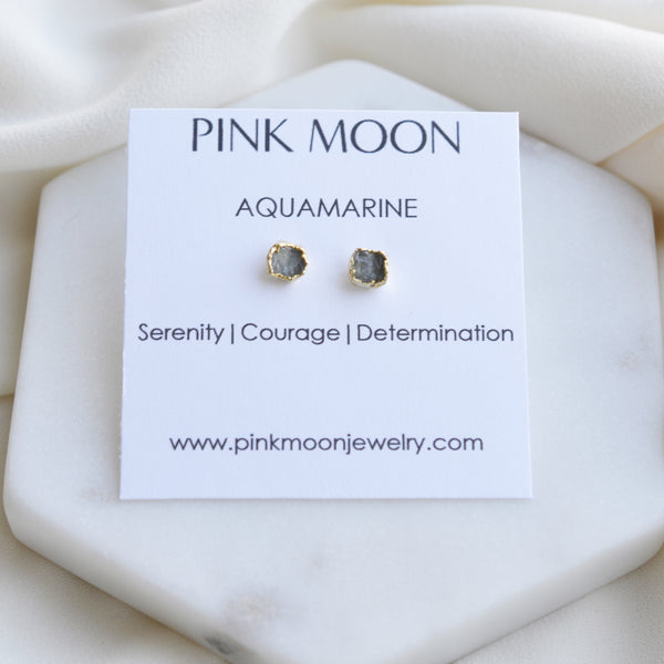 Raw Aquamarine Stud Earrings - Pink Moon Jewelry 