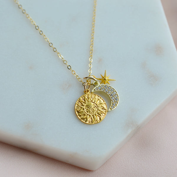 Sun Moon and Stars Necklace - Pink Moon Jewelry 