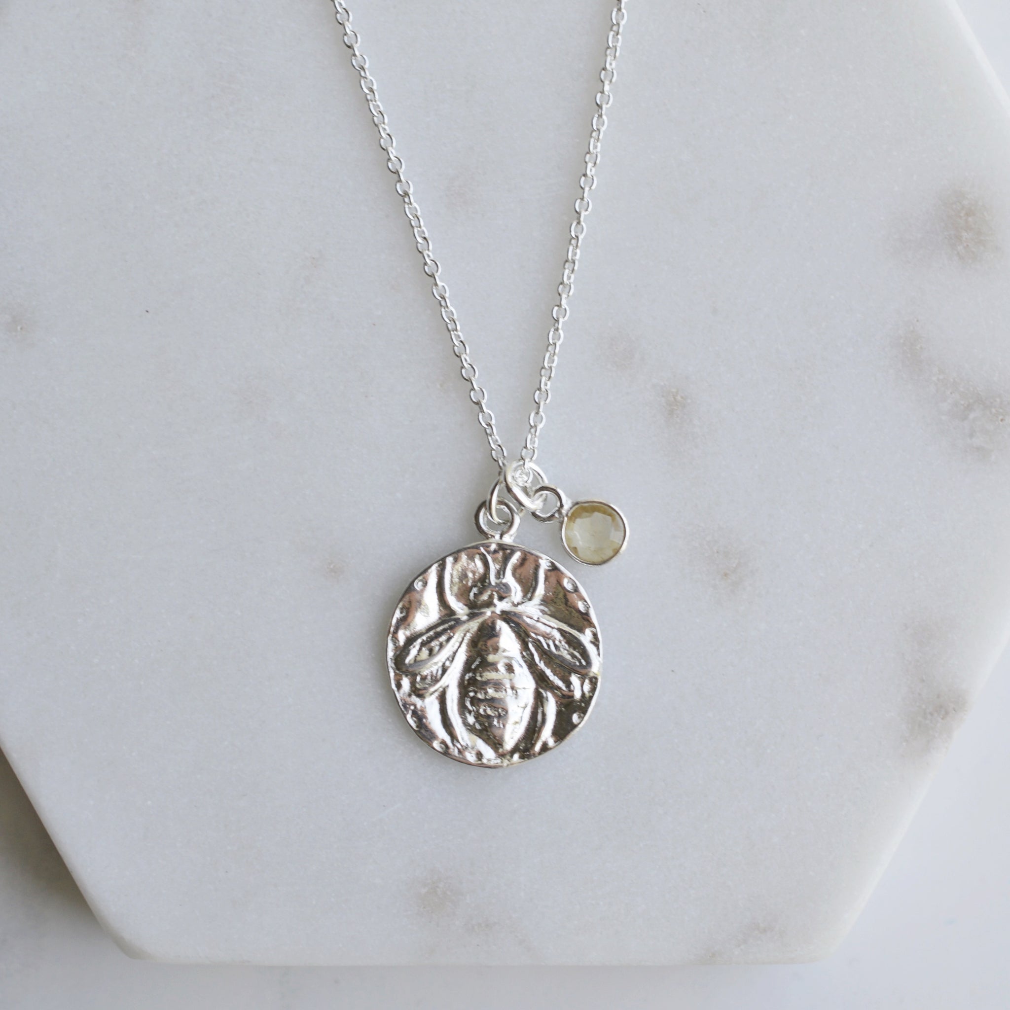Bee Happy- Silver Coin Necklace - Pink Moon Jewelry 