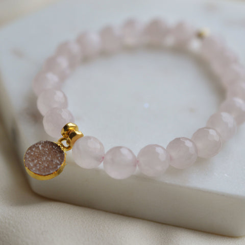 Rose Quartz & Druzy charm Bracelet - Pink Moon Jewelry 